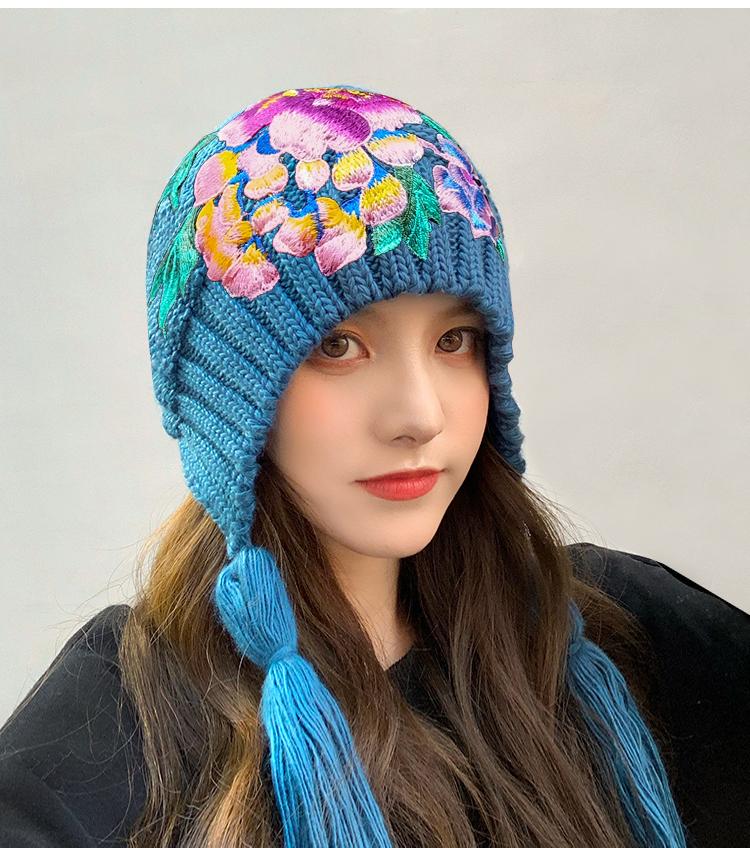 National embroidered women's fall and winter versatile thickened warm ear protection wool hat knitting sweet and lovely