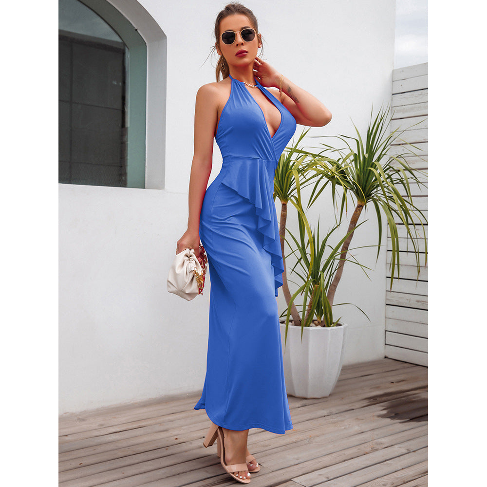 Women's temperament slit pleated suspender dress evening dress