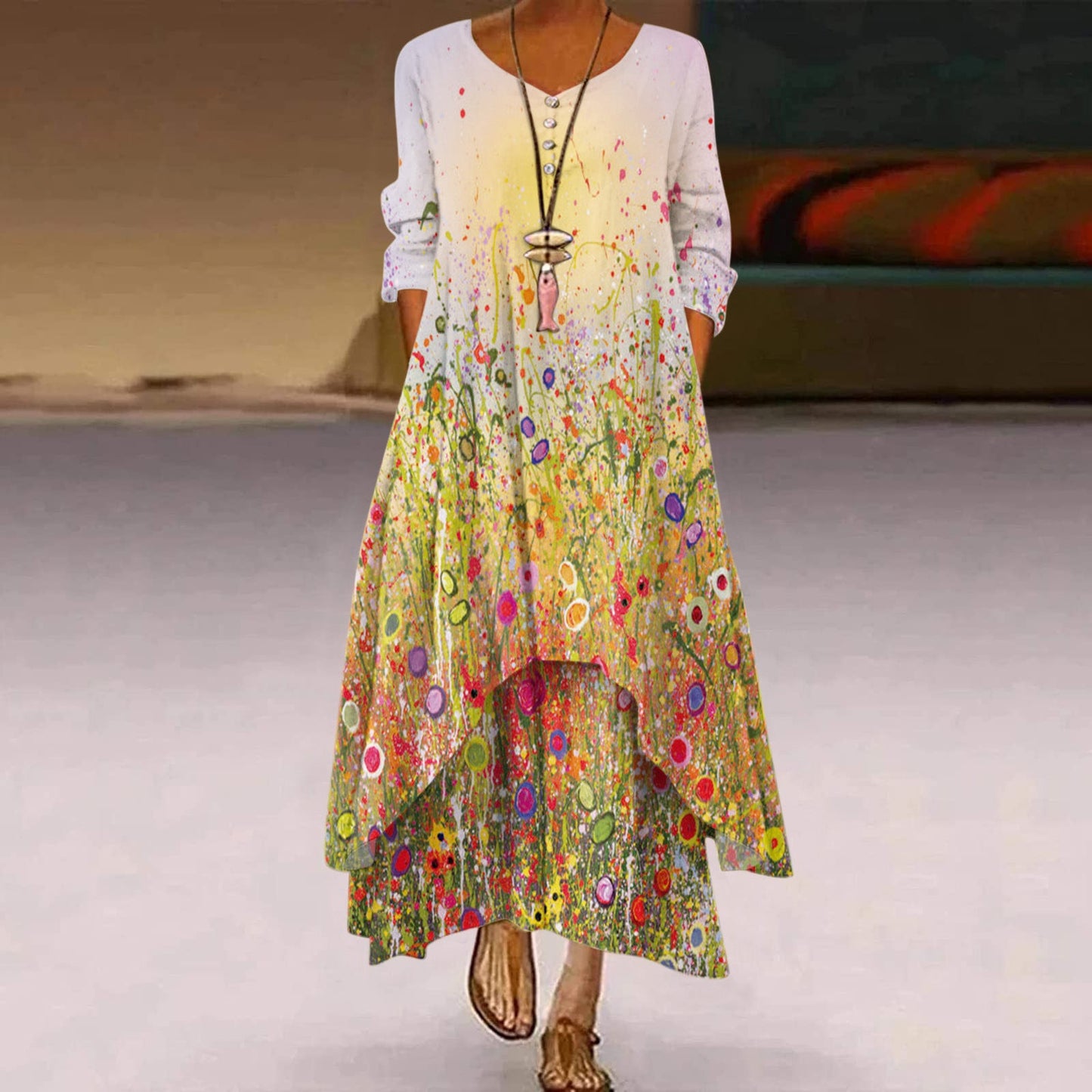 Women's pocket hem printed round neck irregular long sleeve dress