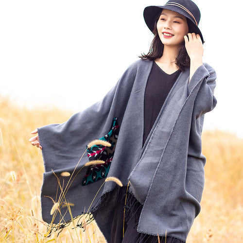 Open Fork Pockets Fethnic Scarf Women with Spring and Autumn Outside with Air-conditioned Shawl Cloak