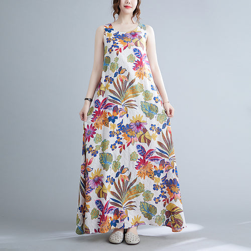 Cotton Linen Dress Loose Large Size Ethnic Style Retro Print Breathable Large Swing Camisole Robe - emogogo