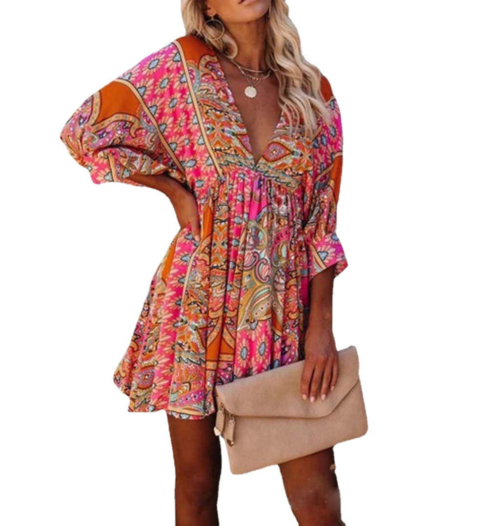 Sexy V-neck waist printed bohemian dress