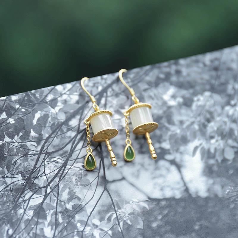 Prayer Wheel Earrings Silver Tassel Jasper Earrings Earrings Ethnic Style