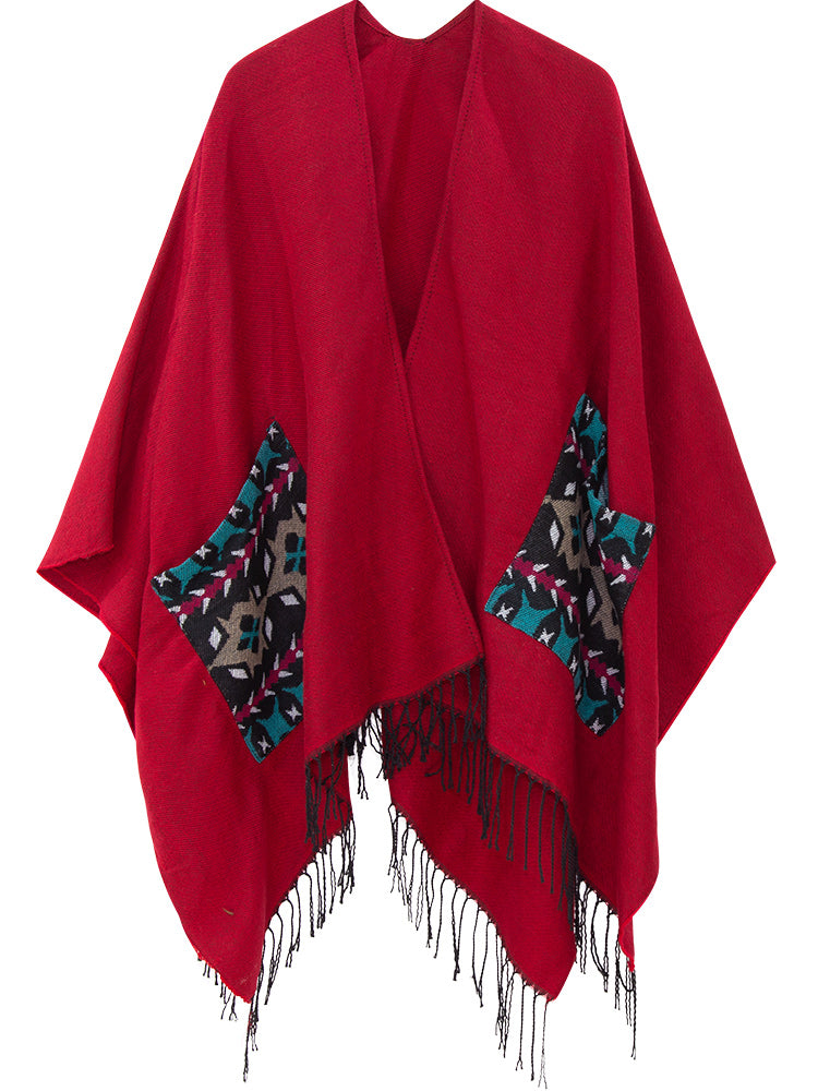 Open Fork Pockets Fethnic Scarf Women with Spring and Autumn Outside with Air-conditioned Shawl Cloak