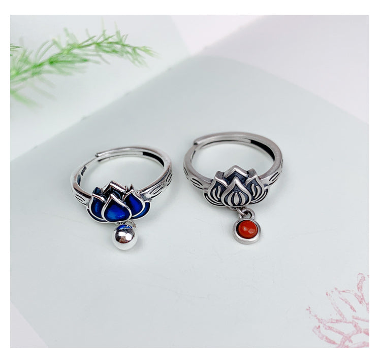 National Cloisonne Lotus S925 Sterling Silver Ring Female Index Finger Ring Niche Design Sense Adjustable Female Ring