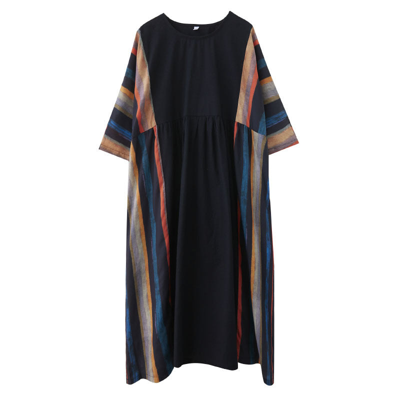 Vintage Vacation Style Long Dress with Loose Striped Patchwork Temperament Dress