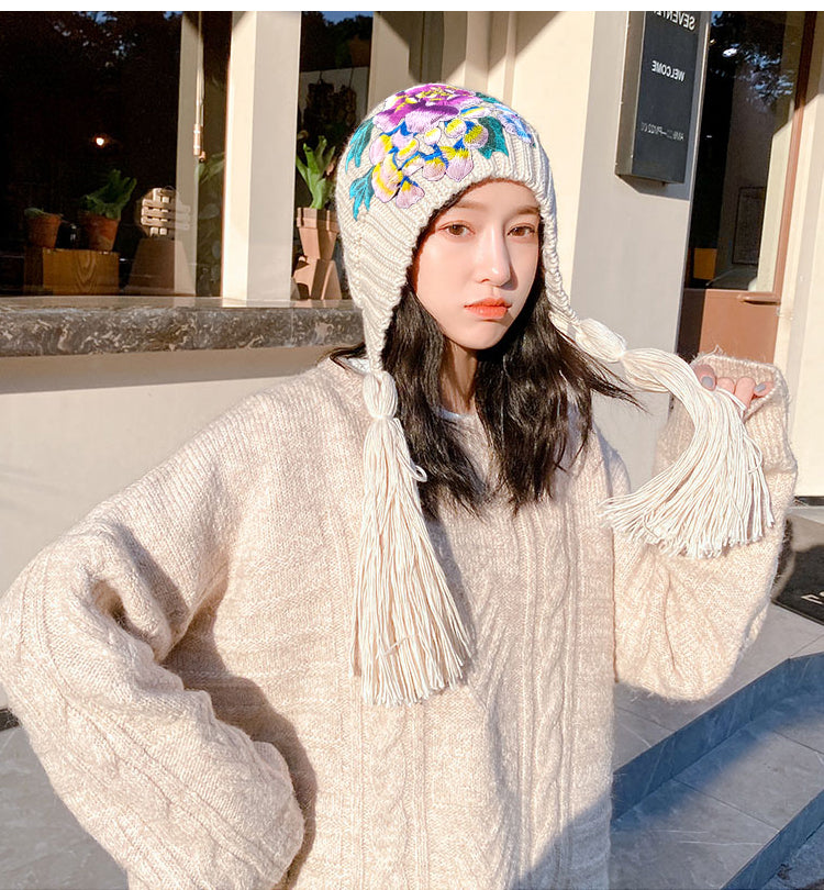 National embroidered women's fall and winter versatile thickened warm ear protection wool hat knitting sweet and lovely