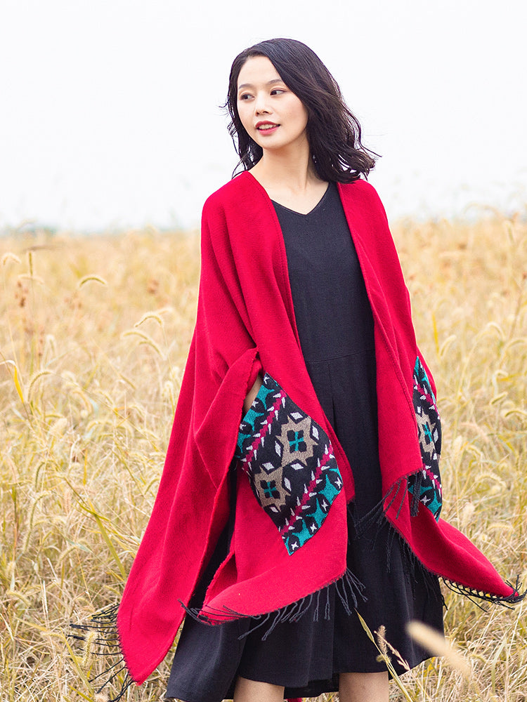 Open Fork Pockets Fethnic Scarf Women with Spring and Autumn Outside with Air-conditioned Shawl Cloak