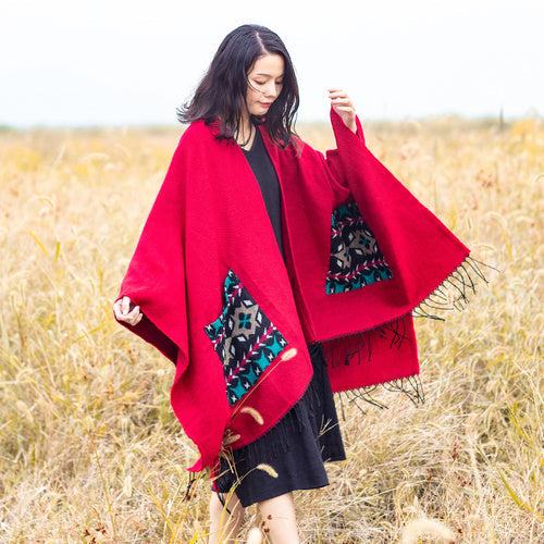 Open Fork Pockets Fethnic Scarf Women with Spring and Autumn Outside with Air-conditioned Shawl Cloak