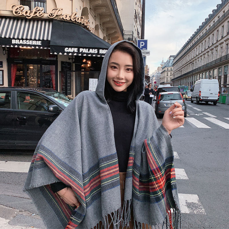 Thickened Warm Hooded Split Cloak Shawl