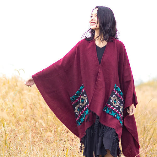 Open Fork Pockets Fethnic Scarf Women with Spring and Autumn Outside with Air-conditioned Shawl Cloak