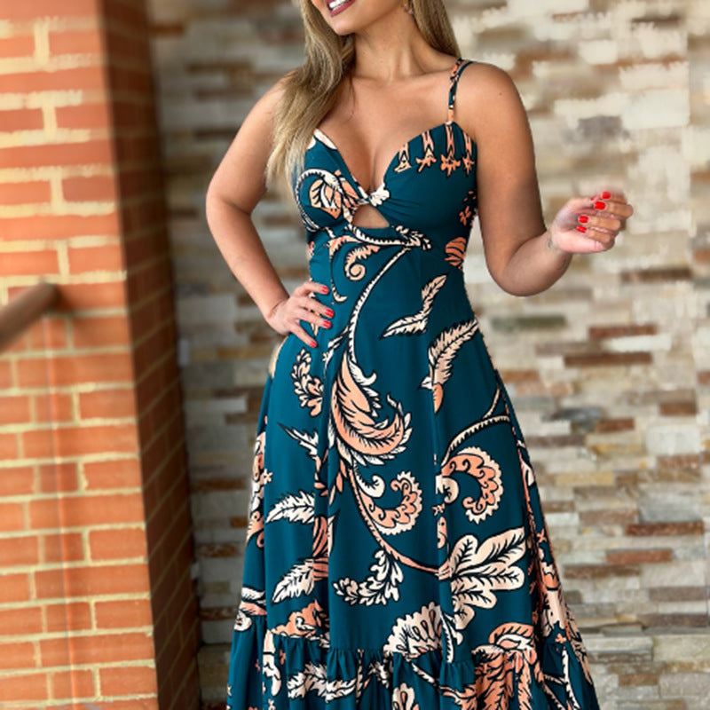 Temperament floral print sexy openwork ruffle skirt slip dress