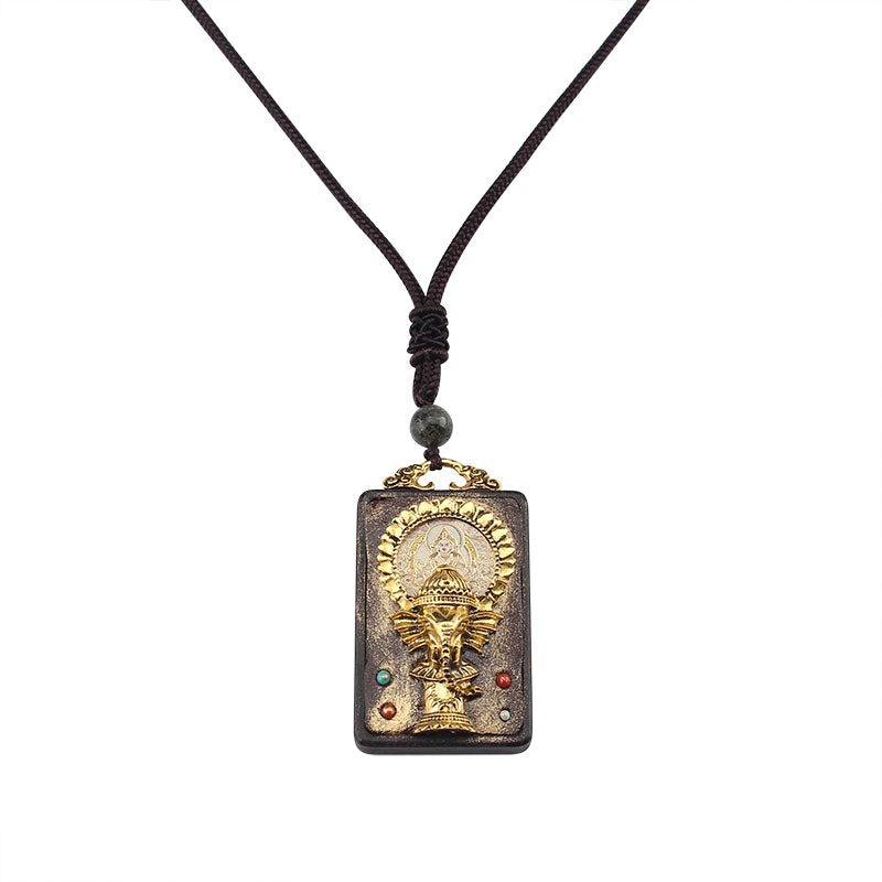 Vintage Nepal Thangka God of wealth Buddha elephant god ebony Pendant Necklace exotic sweater chain