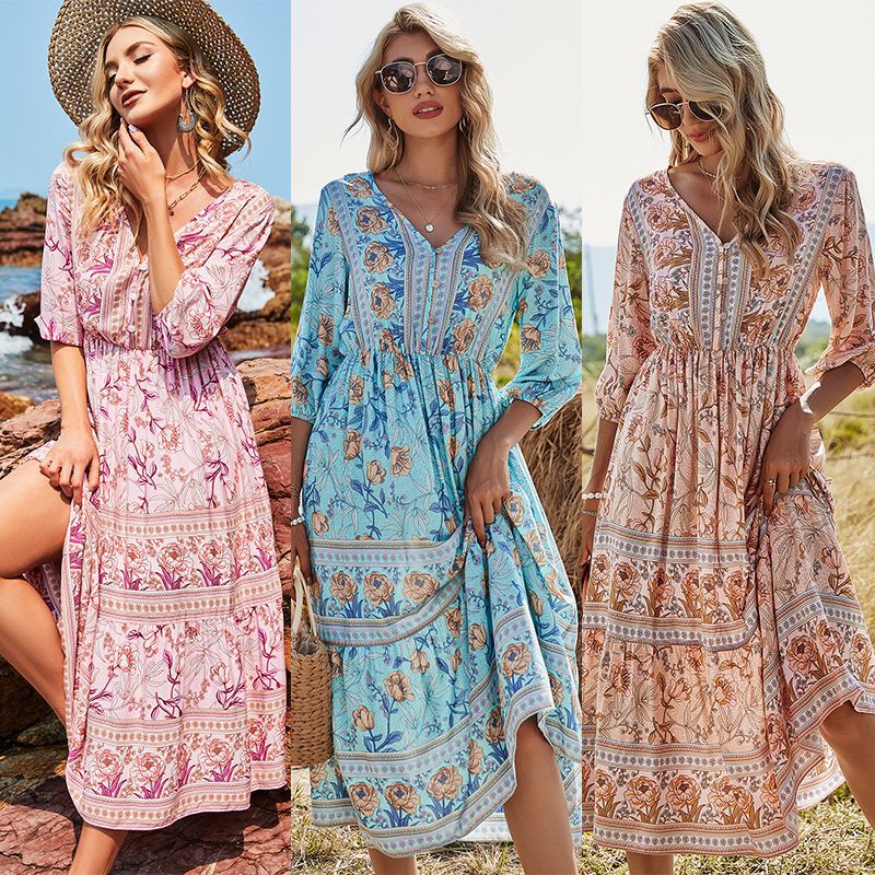 Women's V-neck high-waisted bohemian dress women's mid-length a-line dress