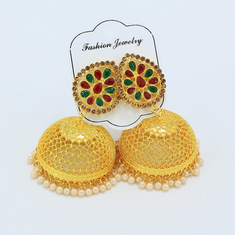 New Nepalese National Style Gold-plated Earrings Bell Pearl Earrings Inlaid with Colored Diamond Palace Retro Earrings