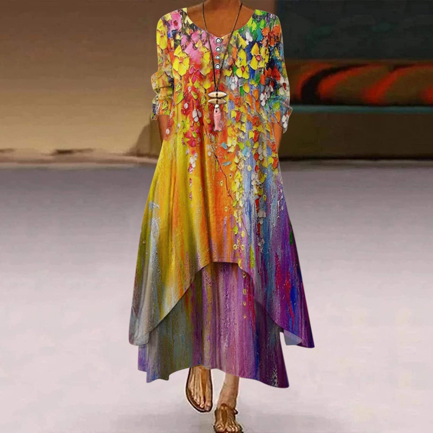 Women's pocket hem printed round neck irregular long sleeve dress