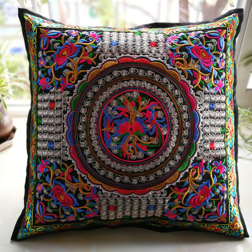 Ethnic Style Flower Embroidered Pillow Cover Cushion Cover
