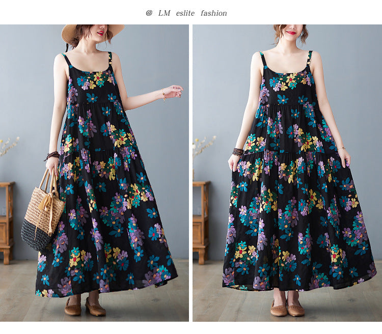 Summer new women's suspender skirt age-reducing cotton and linen large swing cake skirt - emogogo