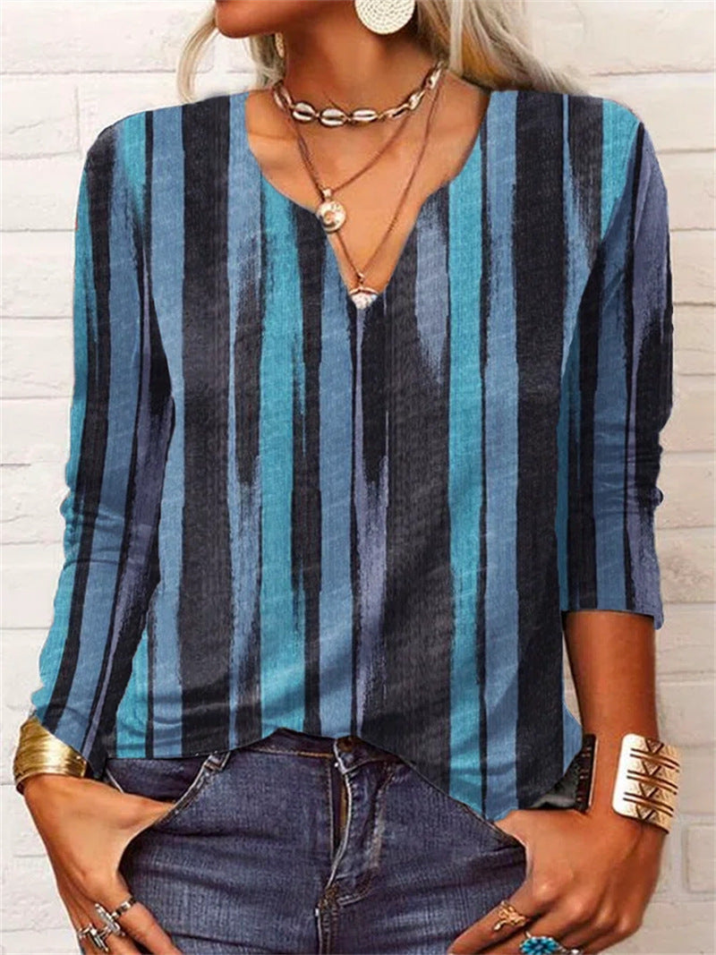 Loose long sleeve floral V-neck T-shirt undershirt woman