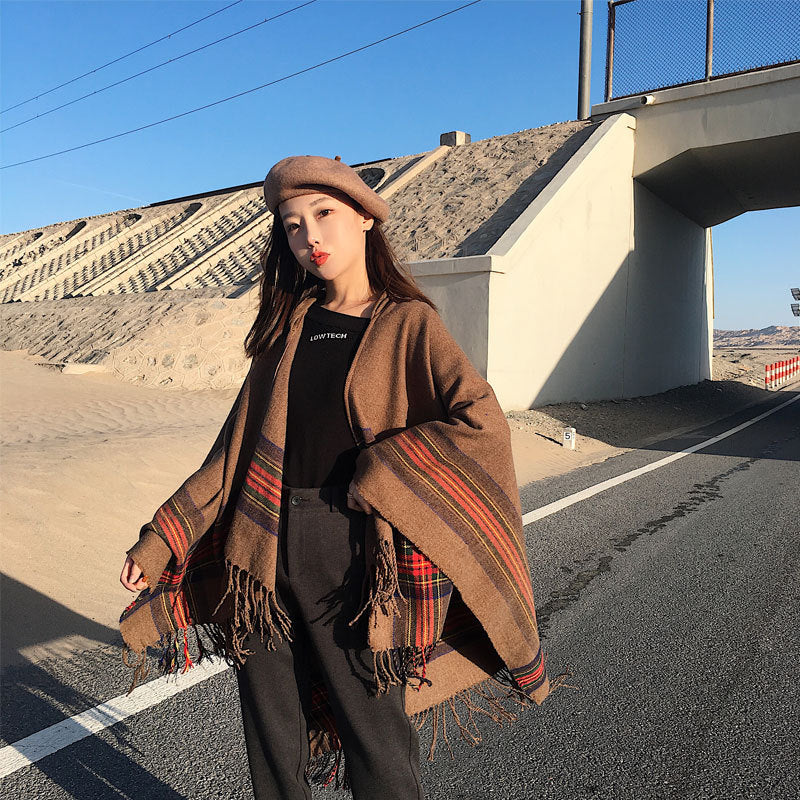 Thickened Warm Hooded Split Cloak Shawl