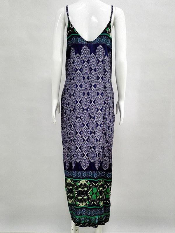Fashion Navy Blue Bohemia Spaghetti Straps V Neck Maxi Dress