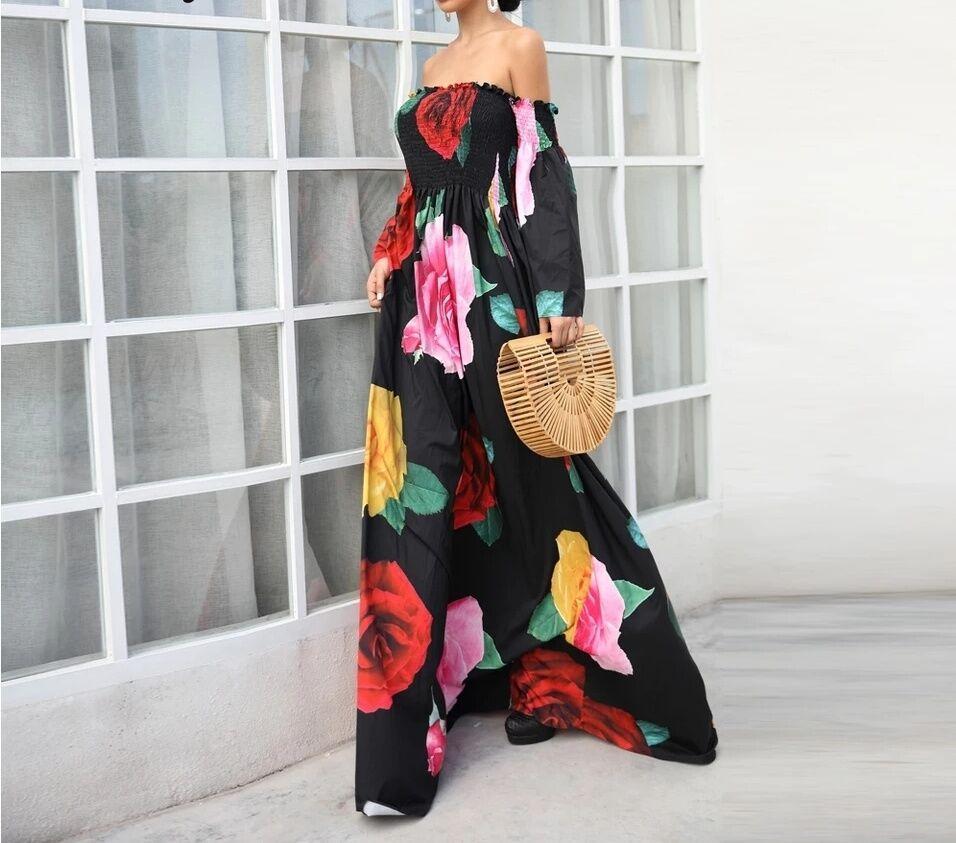 Black Rose Floral Strapless Off Shoulder Sleeve Big Hem Long Dress
