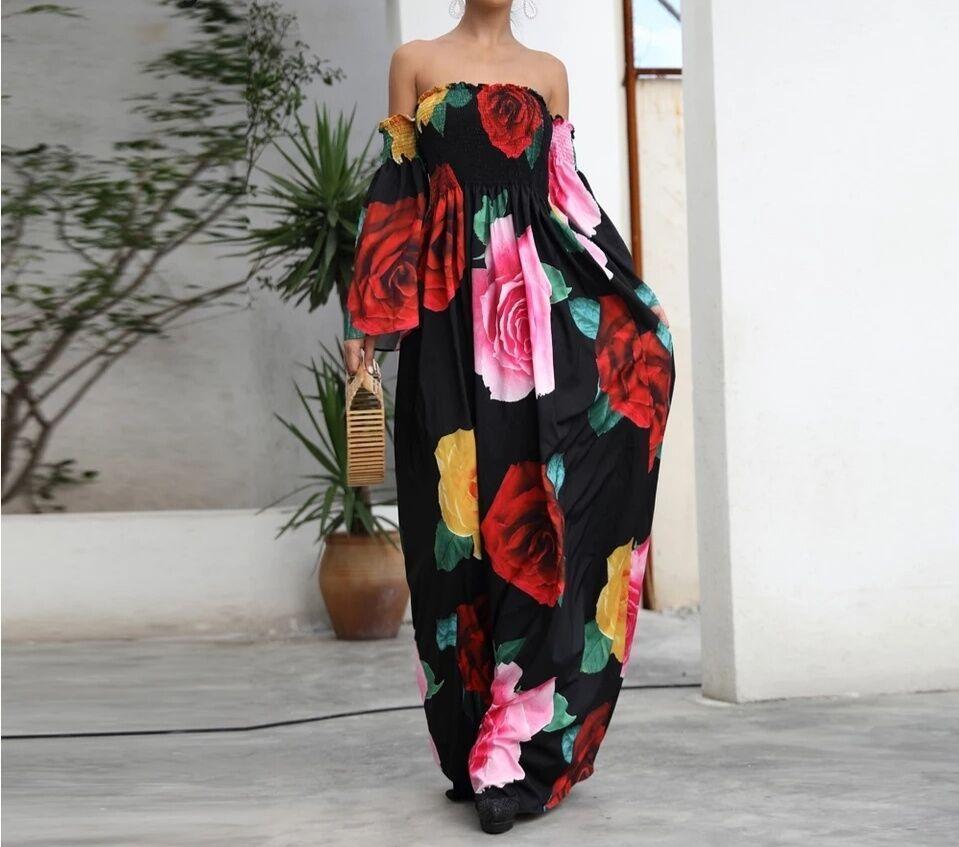 Black Rose Floral Strapless Off Shoulder Sleeve Big Hem Long Dress