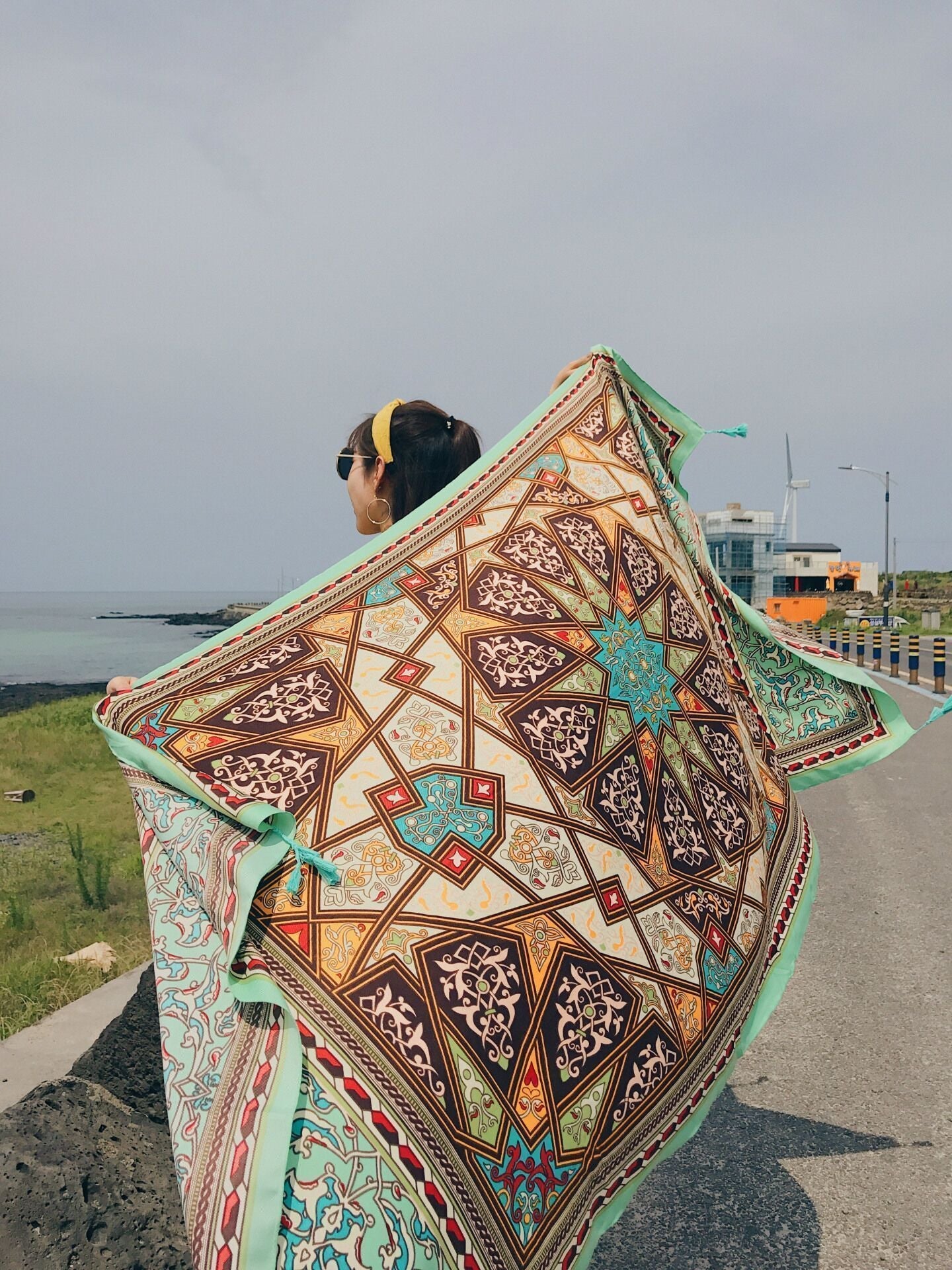 Green Rectangle National Style Vacation Printing Sunscreen Scarf Shawl Beach Towel