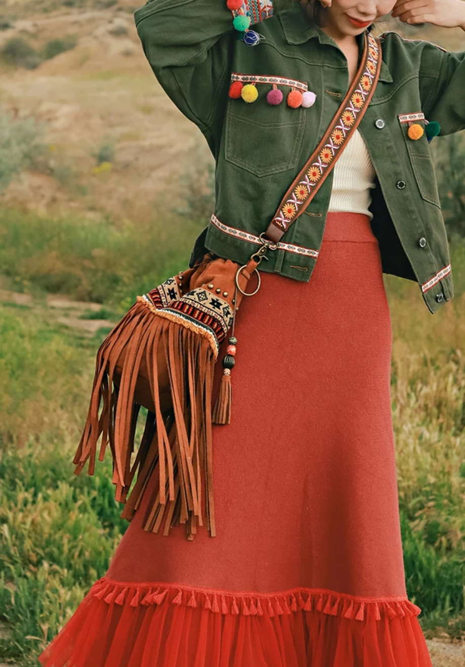 Bohemian Brown Beaded Embroidered Tassel Bucket Bag