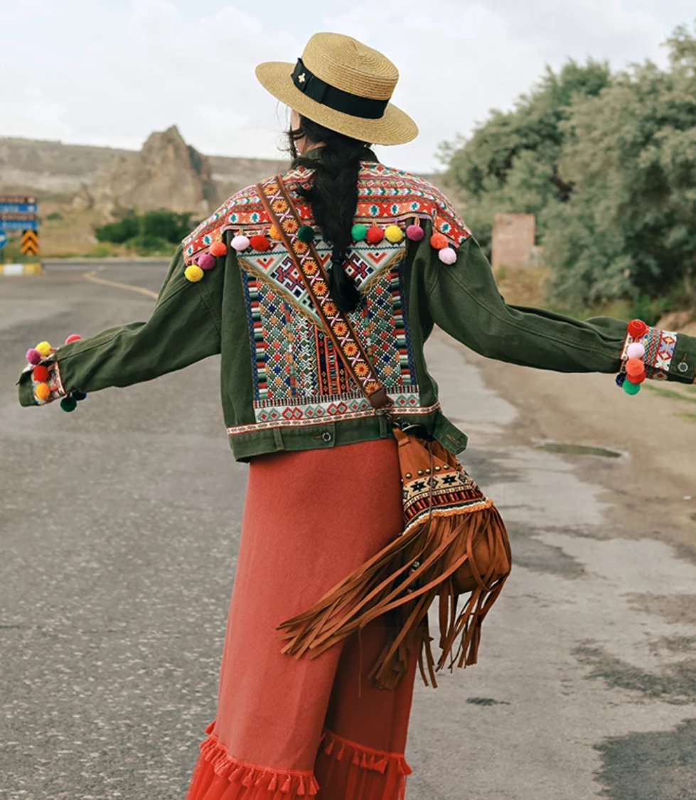 Bohemian Brown Beaded Embroidered Tassel Bucket Bag