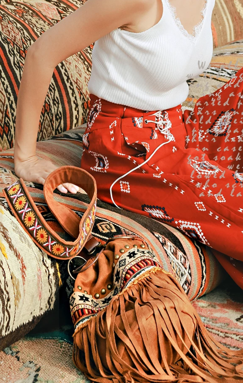 Bohemian Brown Beaded Embroidered Tassel Bucket Bag