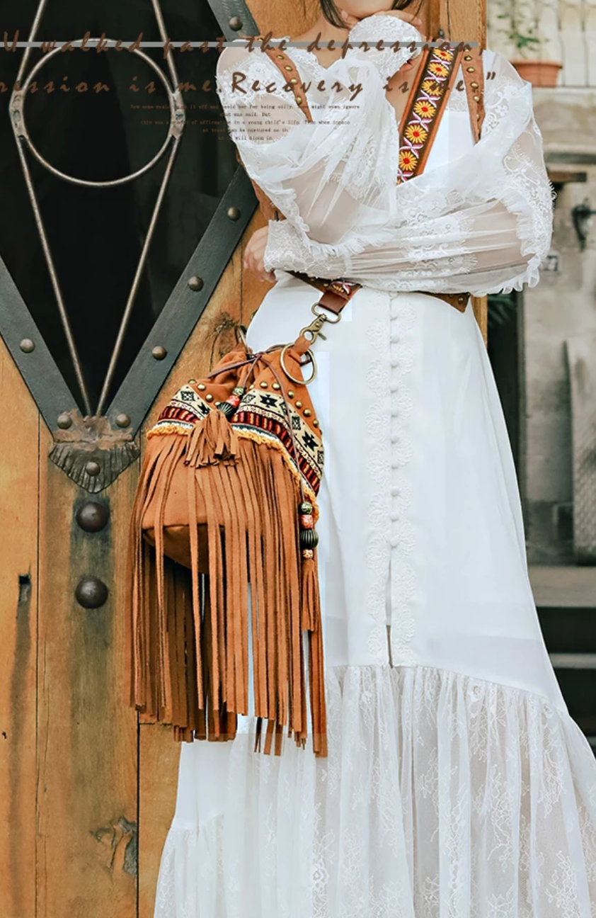 Bohemian Brown Beaded Embroidered Tassel Bucket Bag