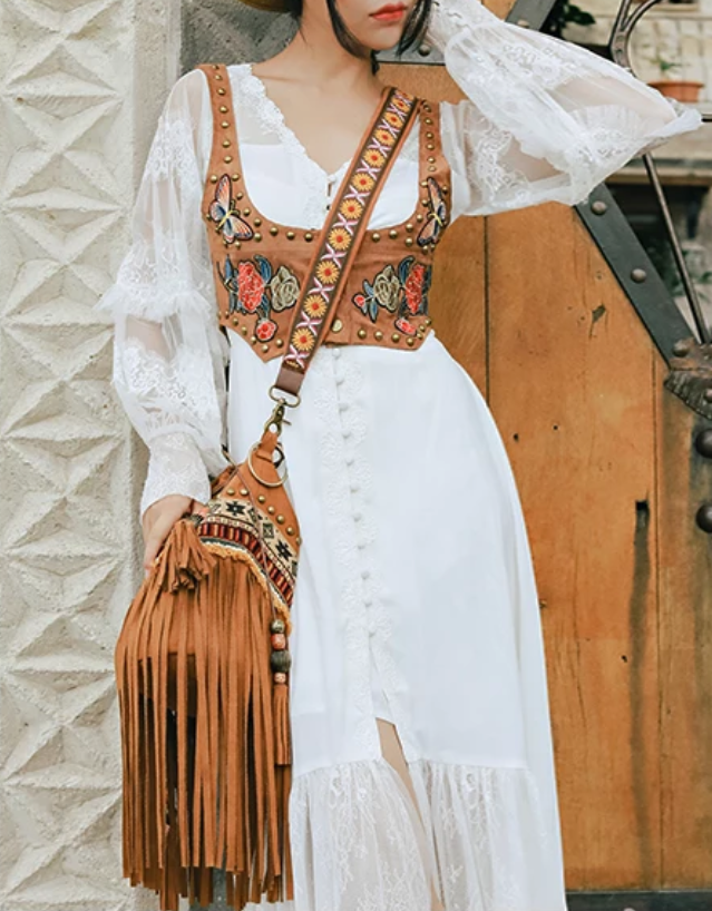 Bohemian Brown Beaded Embroidered Tassel Bucket Bag