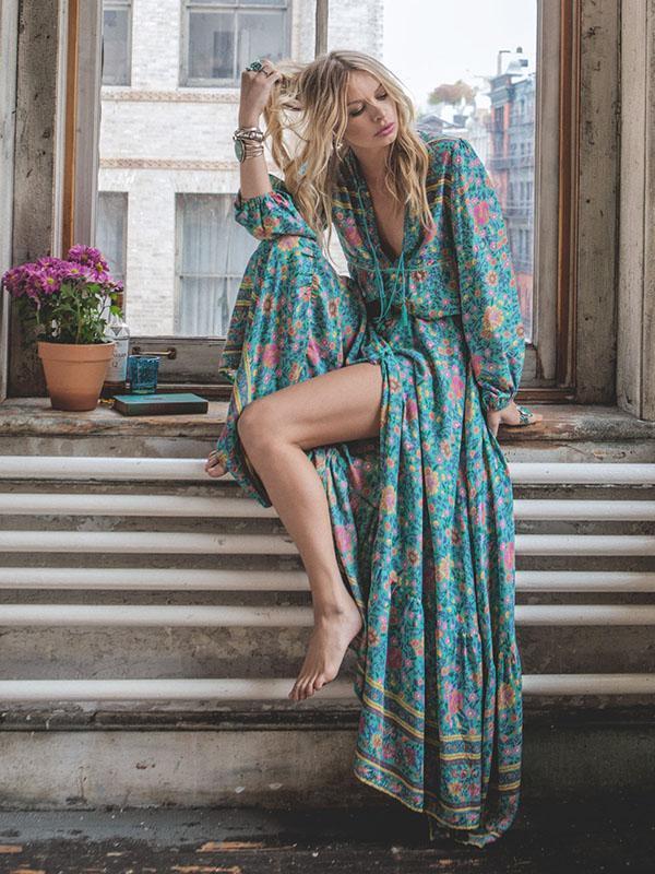 Floral Split-front Puff Sleeves Bohemia Maxi Dress