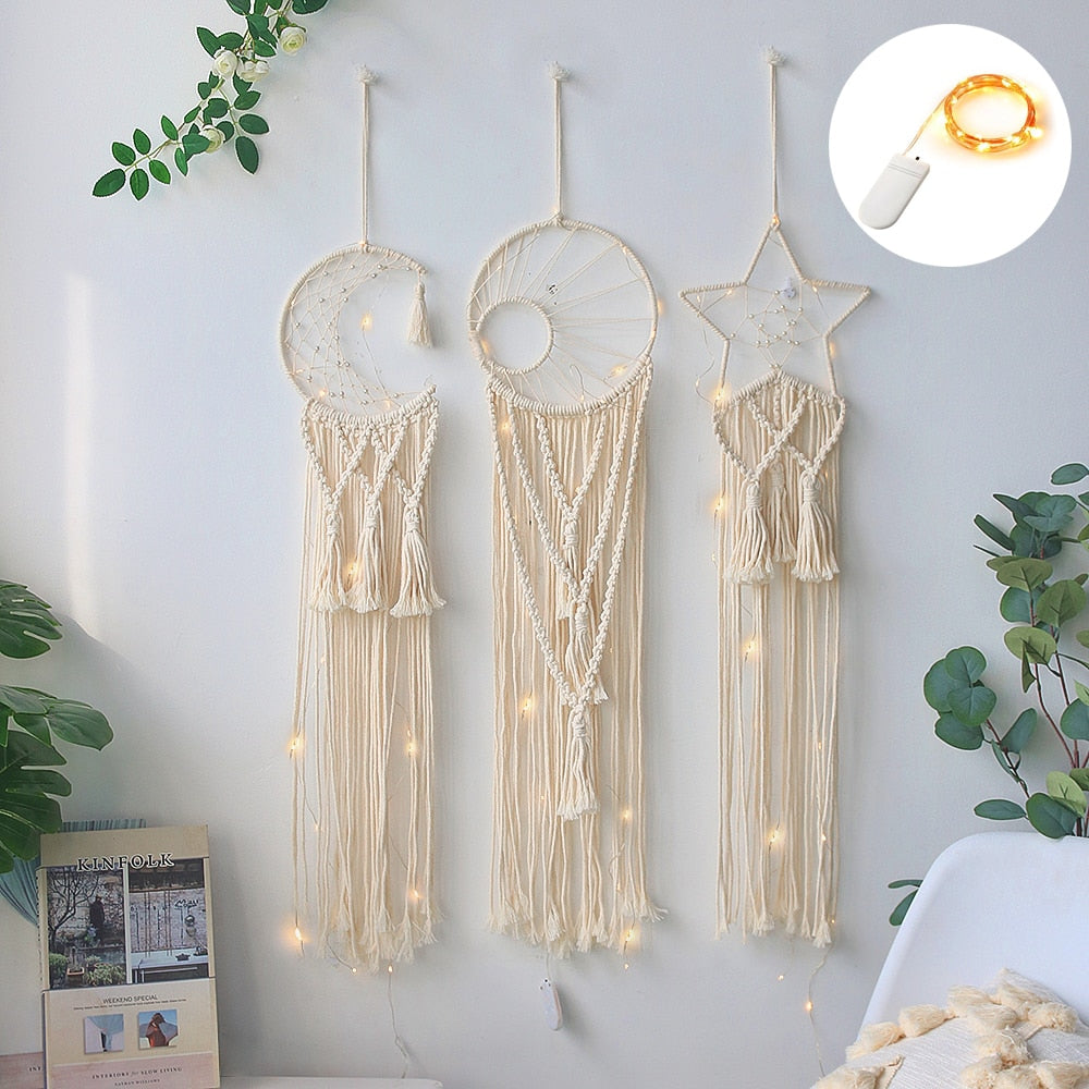 Star Moon Sun Dream Catcher Boho Home Wall Decor Girls Kids Nursery Garden Decoration Outdoor Gifts With Light