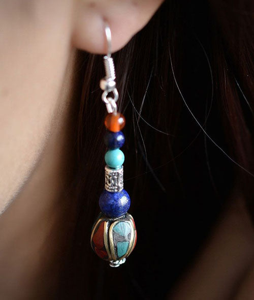 Nepal style Tibetan agate turquoise earrings women's unique and elegant long retro accessories to modify the face.