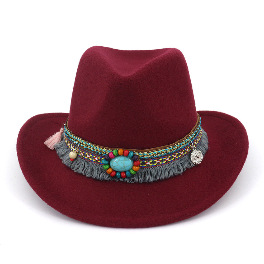 Autumn and winter new woolen top hat ethnic minority fashion hat men's and women's couple hat Western Cowboy jazz hat