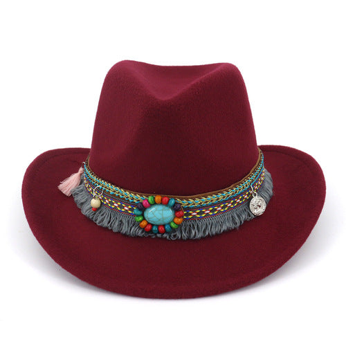 Autumn and winter new woolen top hat ethnic minority fashion hat men's and women's couple hat Western Cowboy jazz hat
