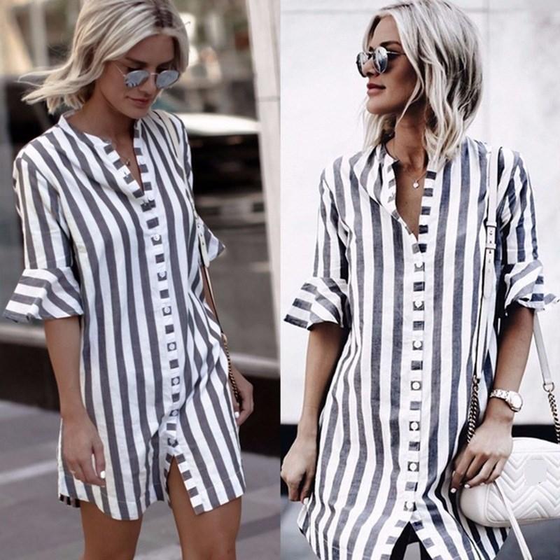Stripe Stand Collar Casual Shirt Dress