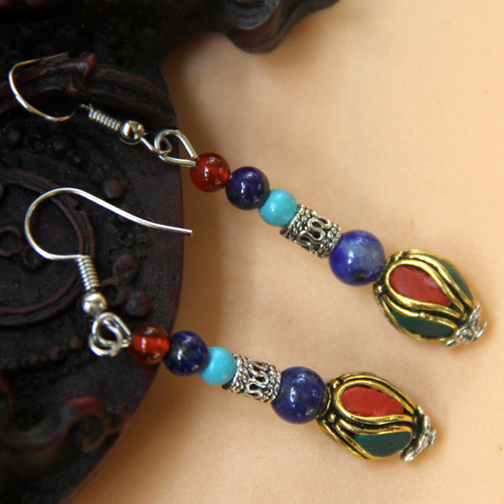 Nepal style Tibetan agate turquoise earrings women's unique and elegant long retro accessories to modify the face.