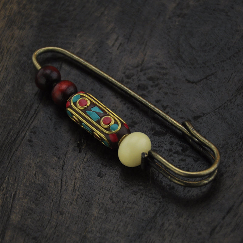 Vintage handmade pearl white jade bodhi sandalwood bead brooch sweater ethnic style