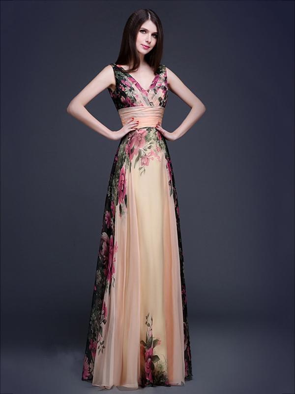 Printed Sleeveless Floor Evening Dress