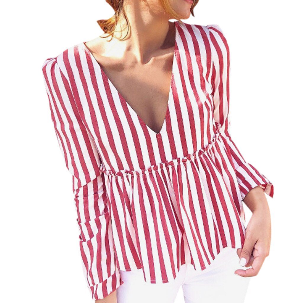 Tops Womens new arrived Casual Striped V-Neck Full sleeve Shirt brief t-shirt