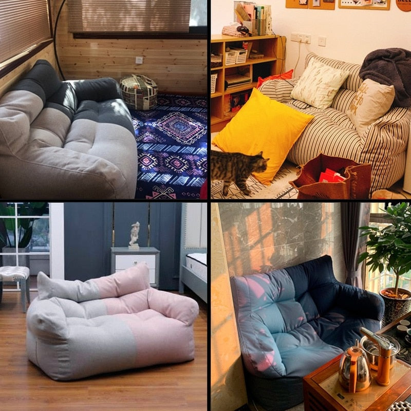 Two-seat Sofa Cover Giant Bean Bag Sofa Chair Cover No Filler Cotton Linen Lazy Sofa Couch Recliner Floor Seat Tatami