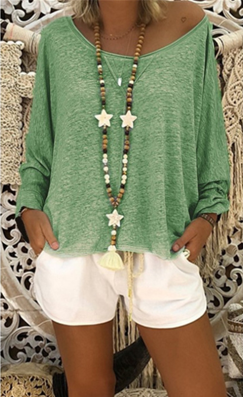 Solid Color Round Neck Long Sleeve T Shirt Blouse