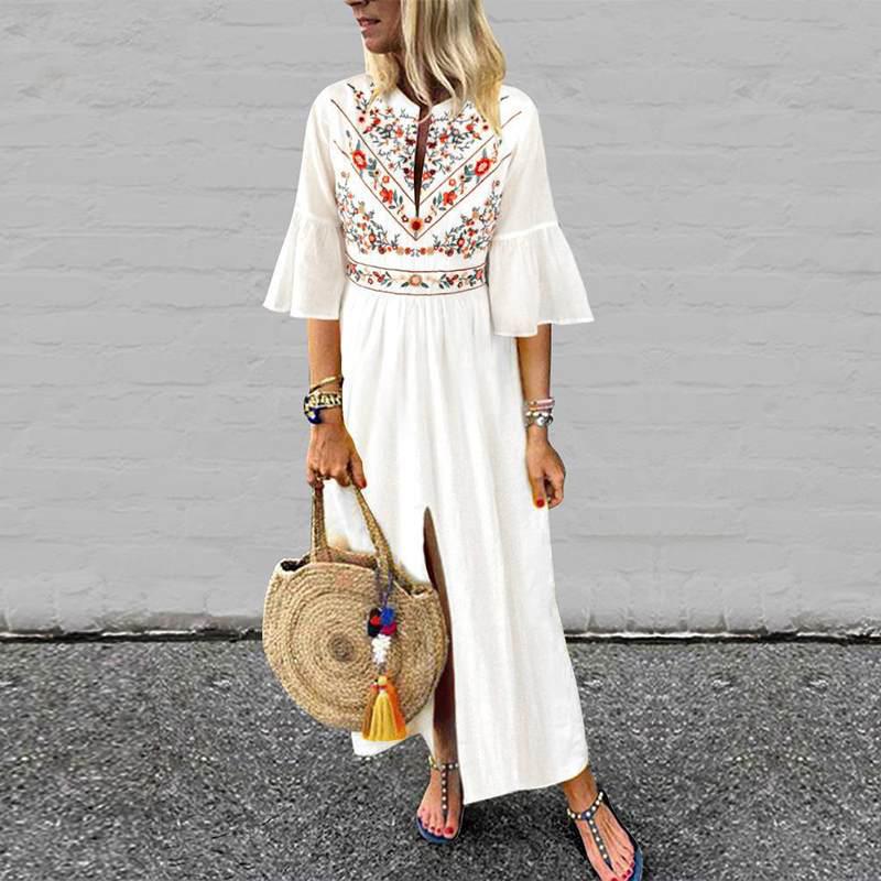 Boho Floral Printed V Neck Ruffle Sleeve Split Plus Size Maxi Dress