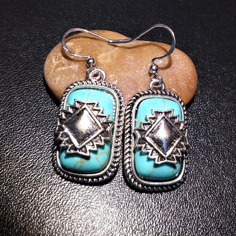 Vintage Ethnic Tibetan Shield Blue Stone Earring For Women Gift Boho Jewelry Geometry Drop Dangle Earring