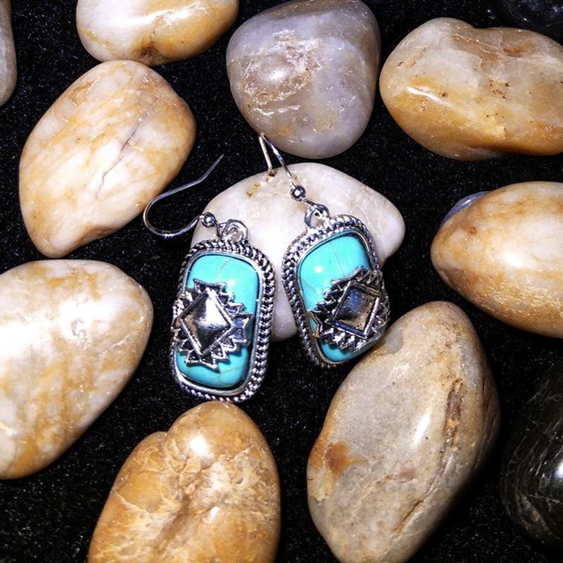 Vintage Ethnic Tibetan Shield Blue Stone Earring For Women Gift Boho Jewelry Geometry Drop Dangle Earring