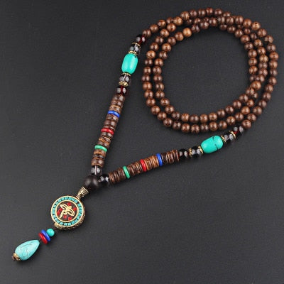 Vintage Nepal Long Buddhist Mala Wood Beaded Pendant & Necklace Ethnic Bohemian Boho Buddha Lucky Jewelry for Women Men