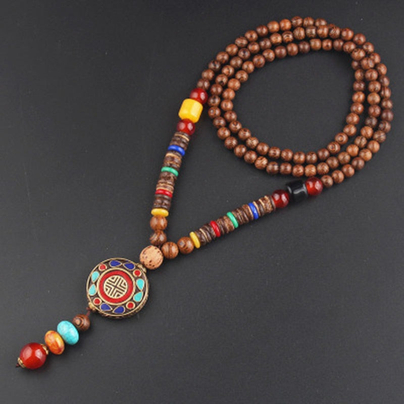 Vintage Nepal Long Buddhist Mala Wood Beaded Pendant & Necklace Ethnic Bohemian Boho Buddha Lucky Jewelry for Women Men